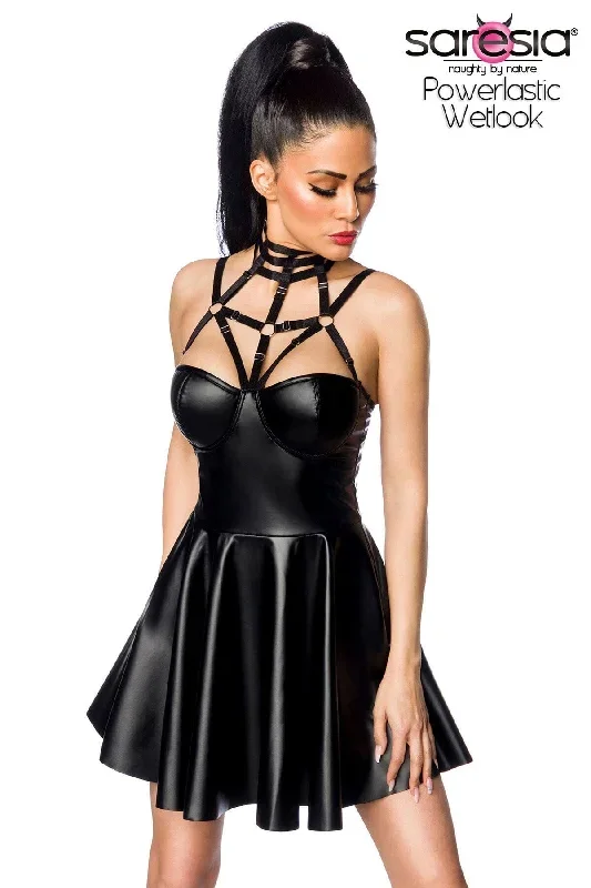 Multi-Strap Wetlook Flared Dress