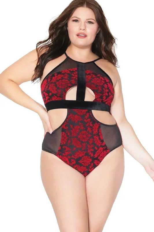 Velvet Halter Teddy With Cut-Outs | Plus Size