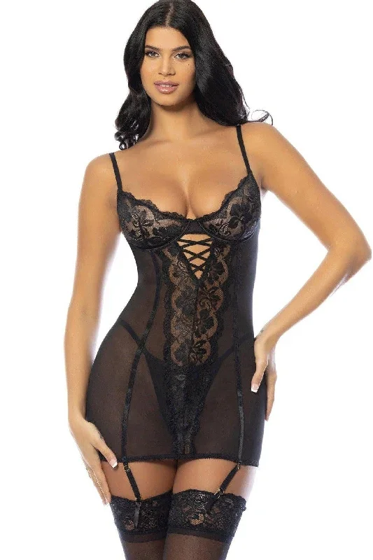 Unlined Underwire Fitted Babydoll with Detachable Garter Straps and Matching G-String | Black