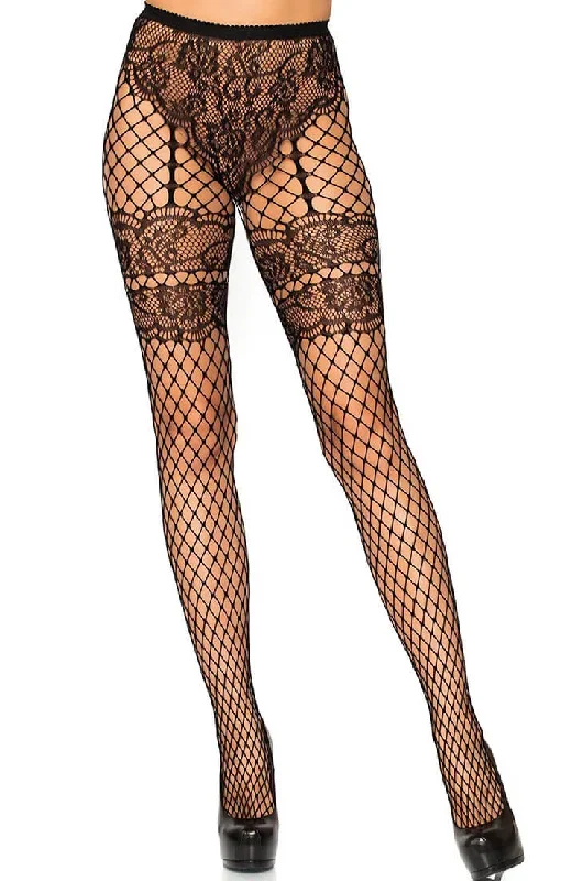 Black French lace cut net pantyhose