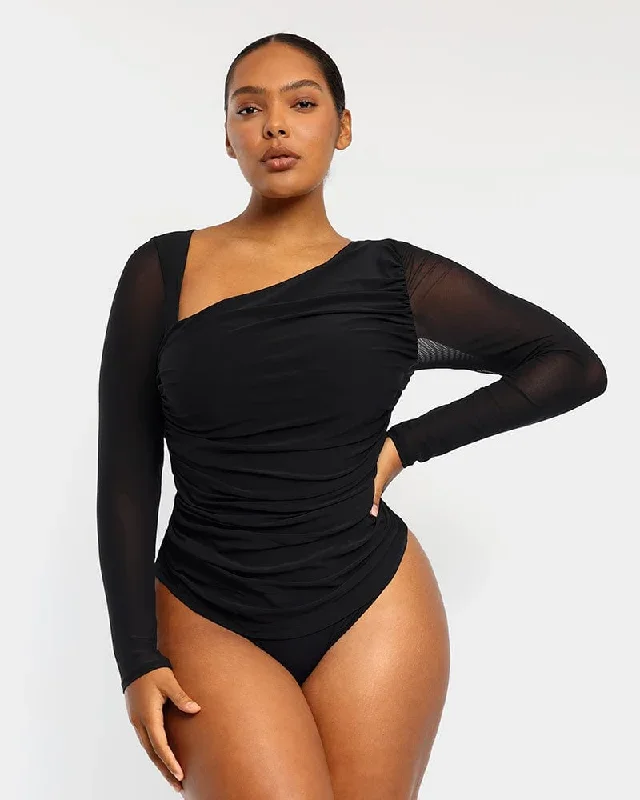 Built-In Shapewear 2-In-1 Slanted V-Neck Mesh Top