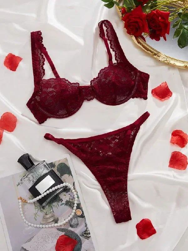 Burgundy Lingerie Set Mesh See Through