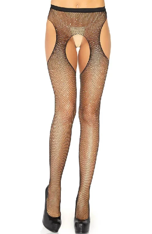 Black crystalized fishnet suspender pantyhose