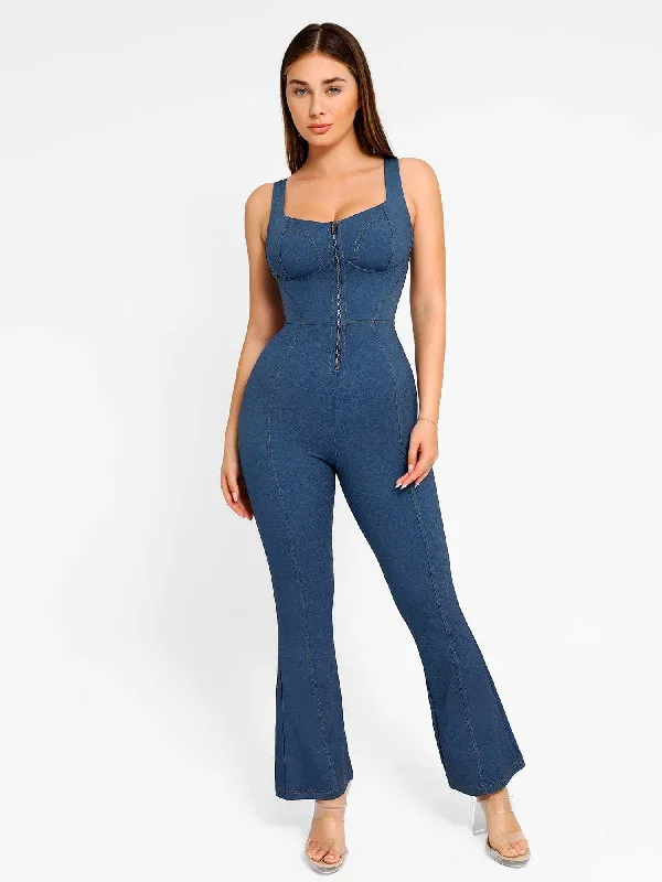 Denim Square Neck Tank Top Flare Jumpsuit