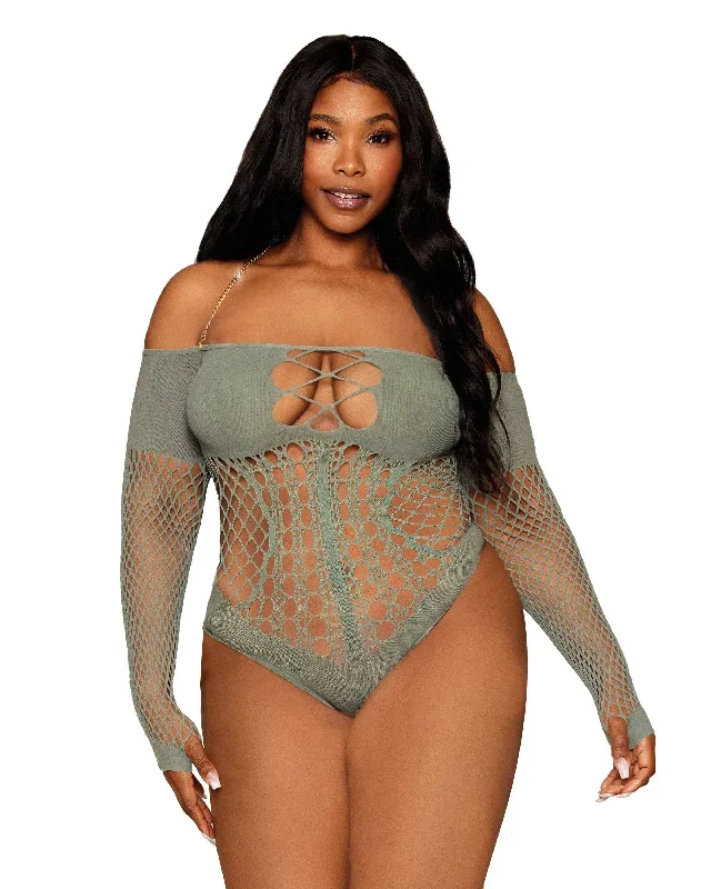 Dreamgirl Plus Size Seamless Long Sleeve Teddy with Removeable Gold Halter Chain