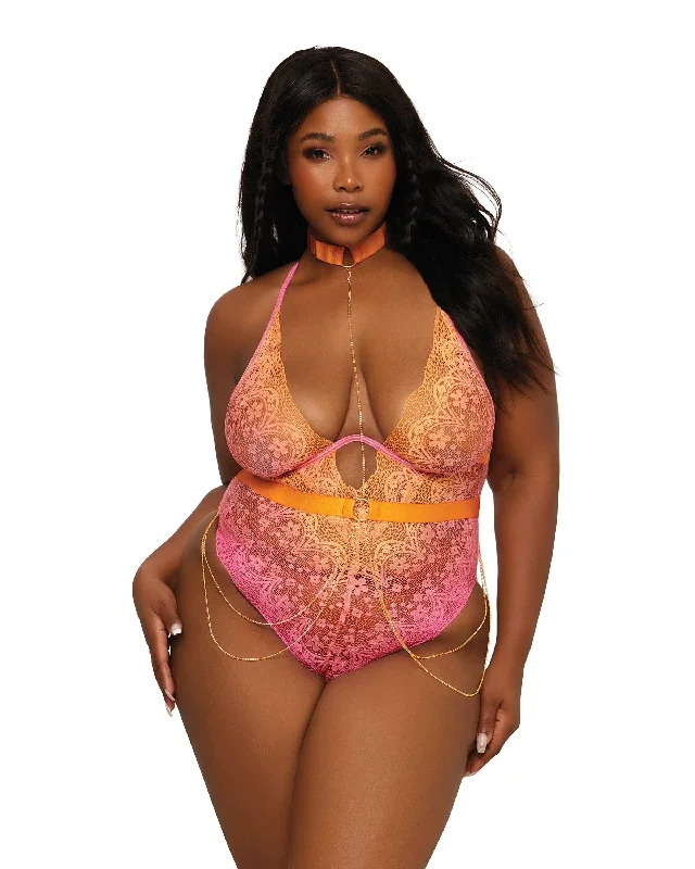 Dreamgirl Ombre Printed Stretch Lace Teddy and Chain Harness Set