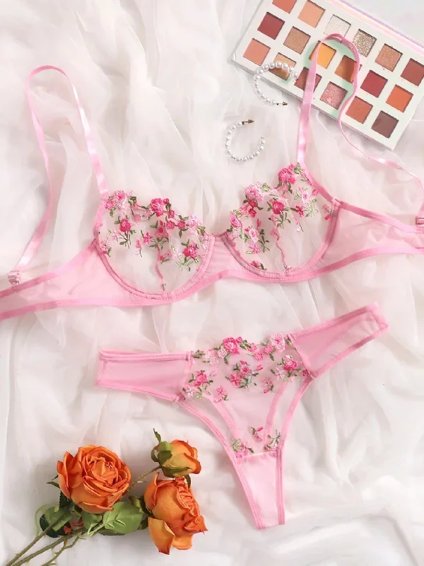 Pink Lingerie Set Floral Mesh