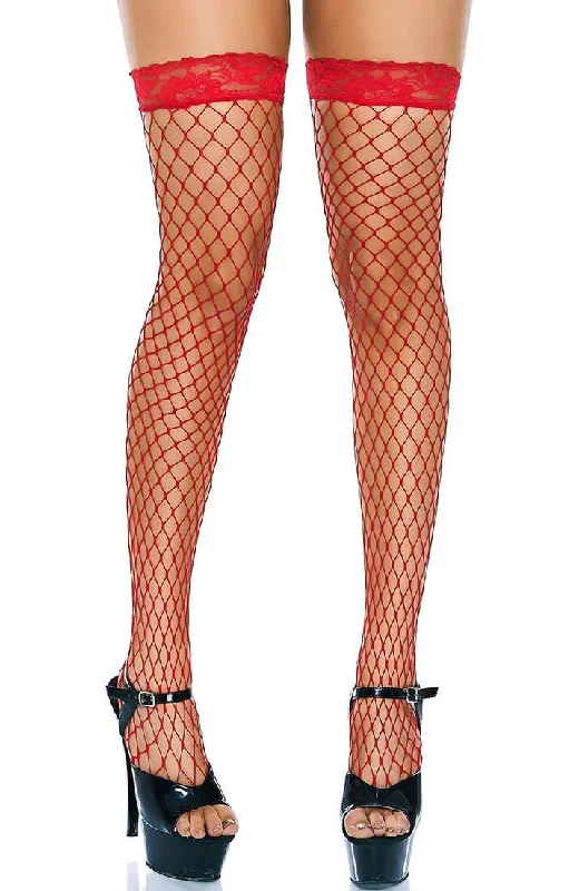 Red fishnet stockings with lace top