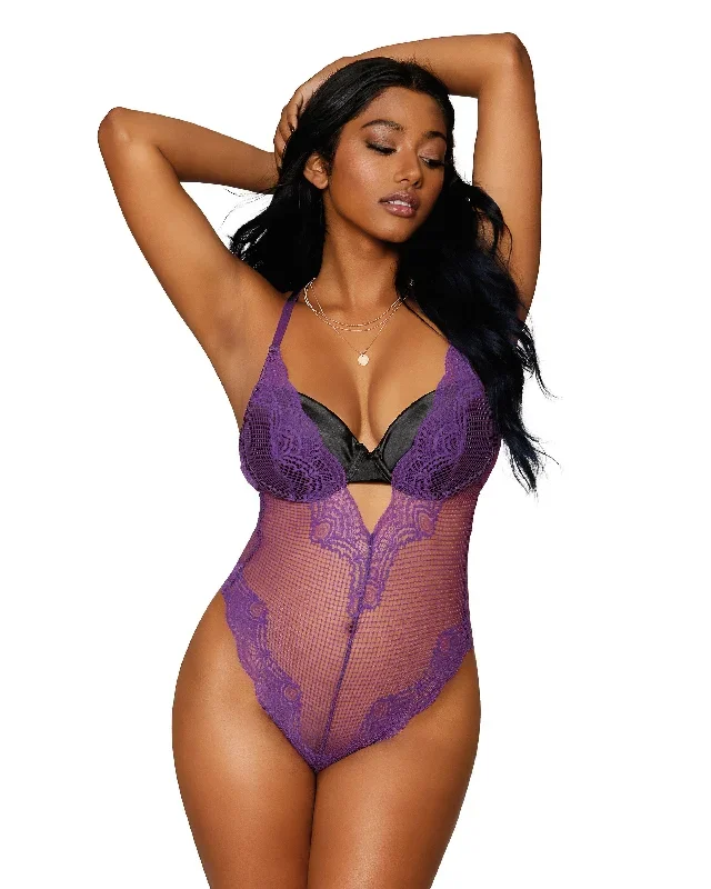 Dreamgirl Scalloped-edge fishnet stretch lace band teddy featuring keyhole details and thong back with snap crotch