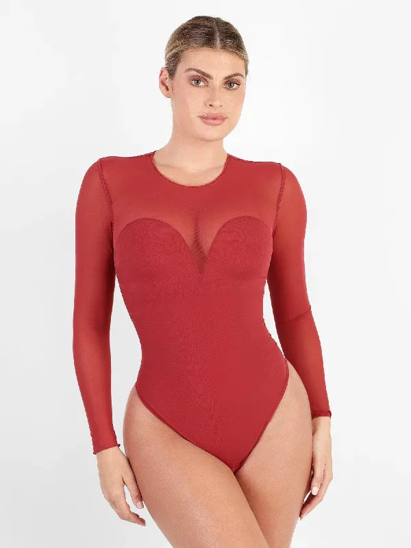 Sheer Mesh Shapewear Long Sleeve Thong Bodysuit