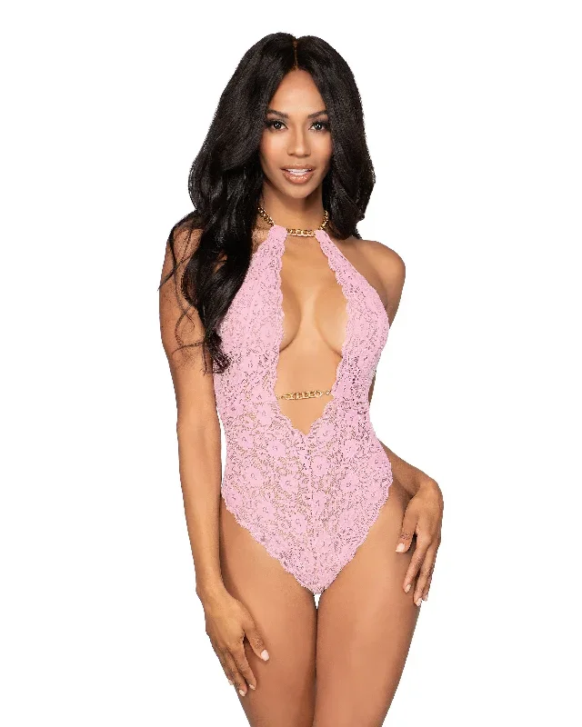 Dreamgirl Stretch Lace Halter Teddy & Collar with Removable Chains