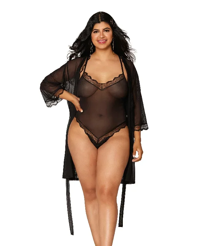 Dreamgirl Stretch mesh teddy and robe set with lace trim details