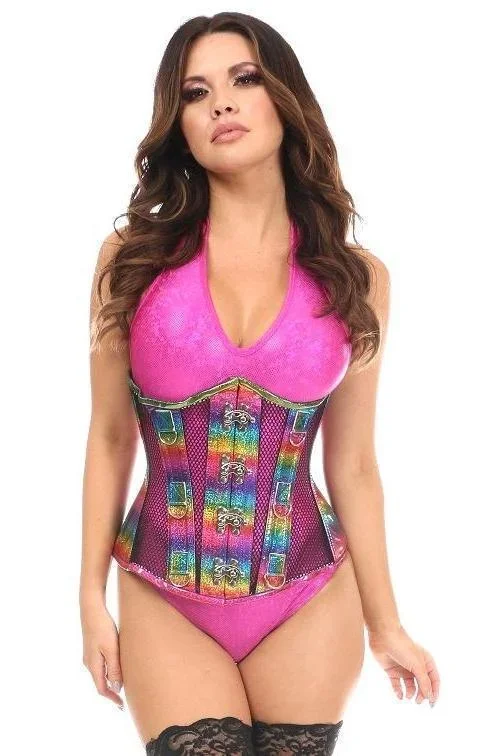 Top Drawer Rainbow Glitter PVC & Black Fishnet Steel Boned Under Bust Corset